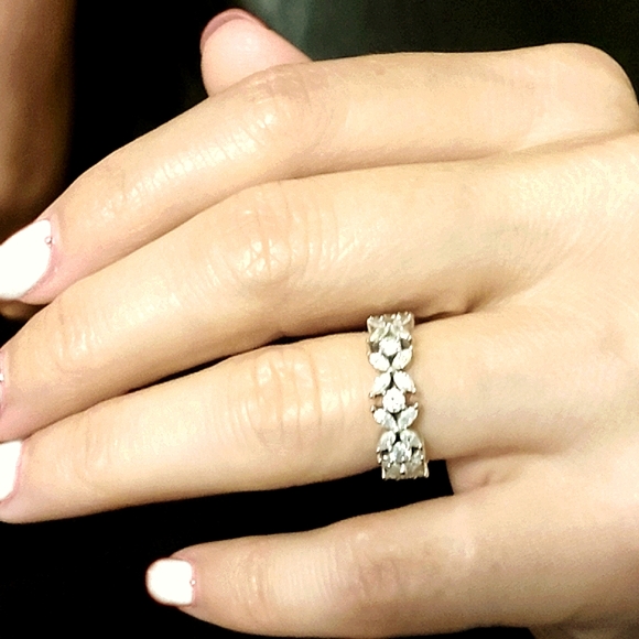 14 k solid white gold, marquis moissanite and round moissanite 3/4 eternity band - Picture 4 of 6